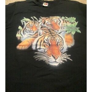 Vintage Fruit of the Loom Tiger Graphic T-Shirt Black Size Large 100% Cotton